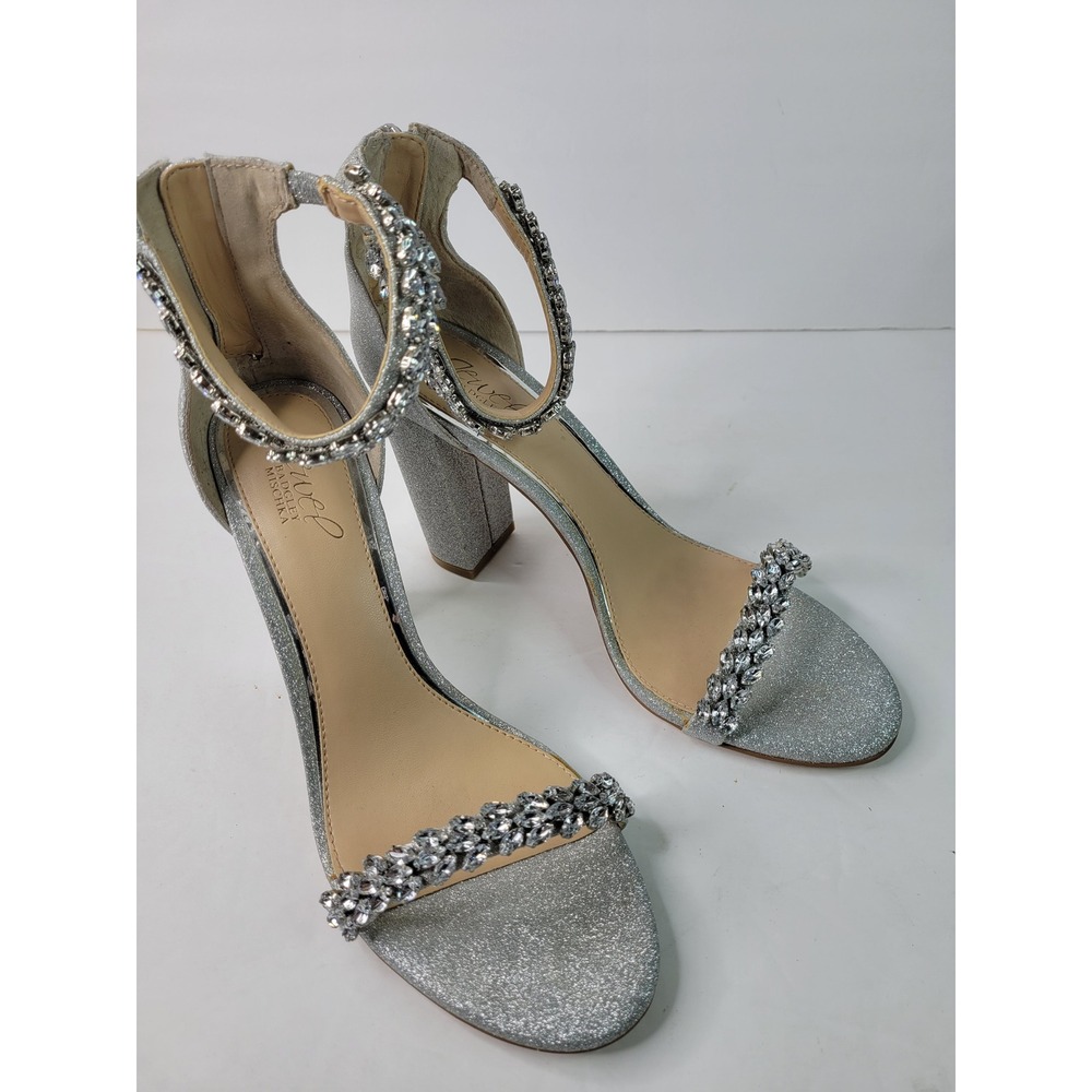 Jewel Badgley Mischka Silver Glitter Crystal Embellished Block Heel Sandals 9.5